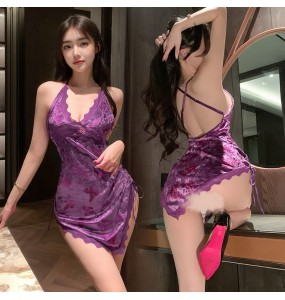 FEE ET MOI - Butterfly Print Deep V Velvet Dress (Purple)